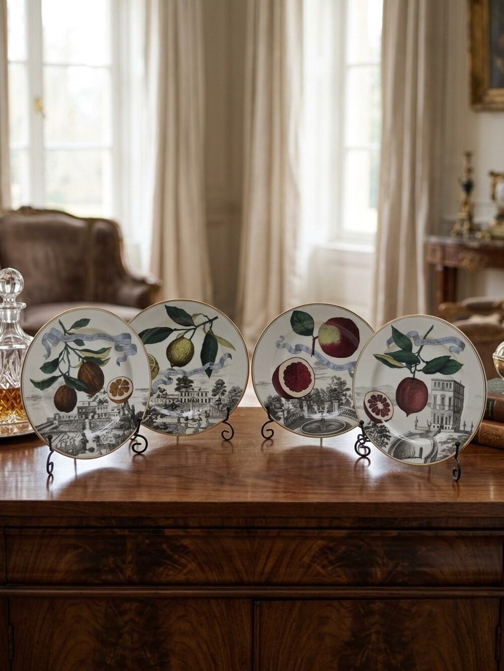 Set of 4 Fitz and Floyd Villa Fruittissimo Plate Set Decorative Porcelain 9"